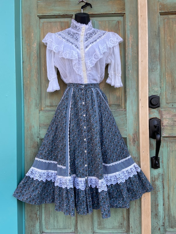 Slate Blue-gray Floral Skirt, Gunne Sax