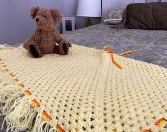 Vintage Yellow Crocheted Baby Blanket Handmade with Orange Ribbon and Bows Delicate Sweet Baby Newborn Gift Crib Cover Blanky