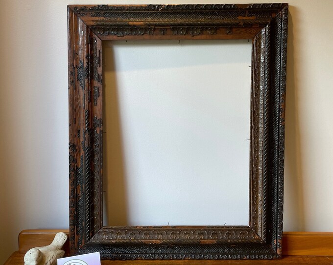 Large Antique Wooden Picture Frame Chippy Brown and Black Ornate Wood