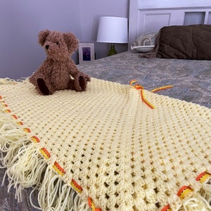 Vintage Yellow Crocheted Baby Blanket Handmade with Orange Ribbon and Bows Delicate Sweet Baby Newborn Gift Crib Cover Blanky