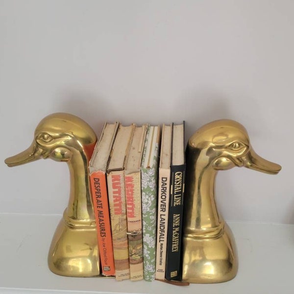 Tall Vintage Brass Duck Bookend Set Large Gold Statues Metal Figurines Hunter Art Library Bookshelf Retro Duck Decor Pair of Gold Bookends