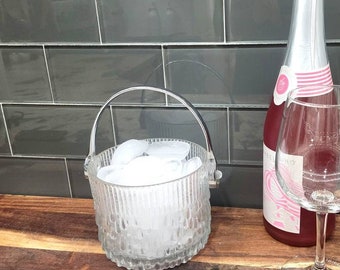 Vintage Cut Glass Ice Bucket w/ Silver Handle. Cute Small Clear Glass Pail.  Mid-Century Retro Barware Wine Cooler