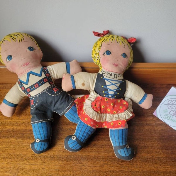 Vintage Hansel and Gretel Rag Dolls. Rare Fabric Cloth Doll Pair Storybook Fairytale Characters German Lederhosen Kids Room Decor
