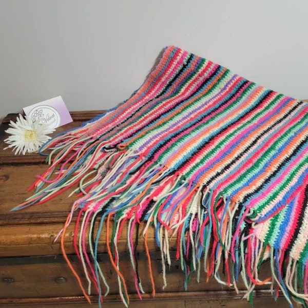 Vintage Afghan Throw w/ Fringe Retro Knitted Bright Striped Table Runner Boho Blanket Fun Bold Striped Blue Pink Orange Eclectic Couch Throw