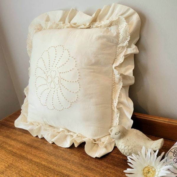 Vintage Cream Pillow With Candlewicking Floral Detail &Lace Ruffle Farmhouse Beige 20 Inch Square Cushion Candlewick Embroidery