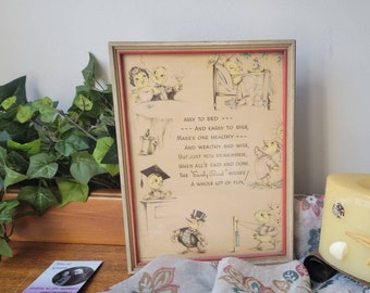 Antique Child's Framed Bedtime Poem. Rare Vintage WII A. Buzz Motto '40's Early to Bed Wall Art