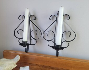 Black Iron Wall Sconces Pair Vintage Wrought Iron Candleholders Hook Wall Hanging Set. Black Scrolling Wall Decor