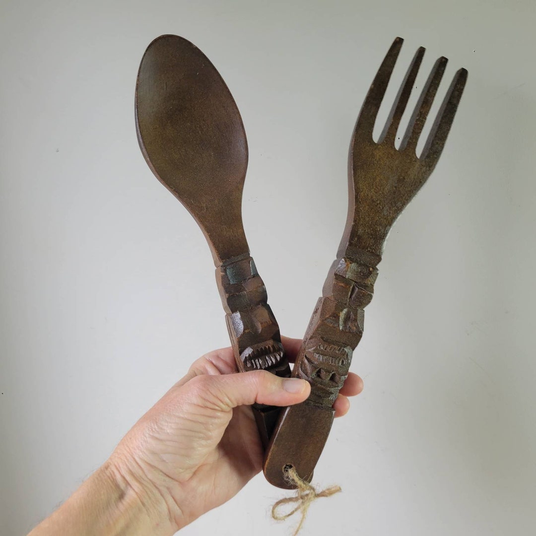 Large Wooden Utensils Vintage Fork & Spoon Carved Wall Hangings Kitchen