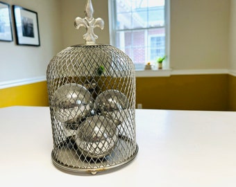 Vintage Silver Mesh Cloche w/ Balls. Fleur de Lis Metal Dome Sculpture Made in India