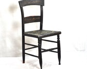 Antique Black Chair Crackled Chipped Rustic Rush Seat w/ Red Roses