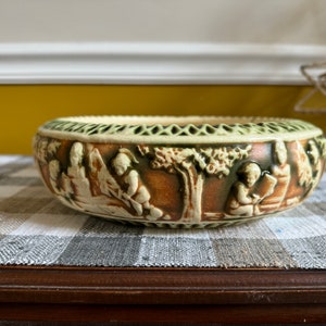 Antique Low Console Bowl. Green / Orange Ceramic Planter. Roseville Vintage Bowl