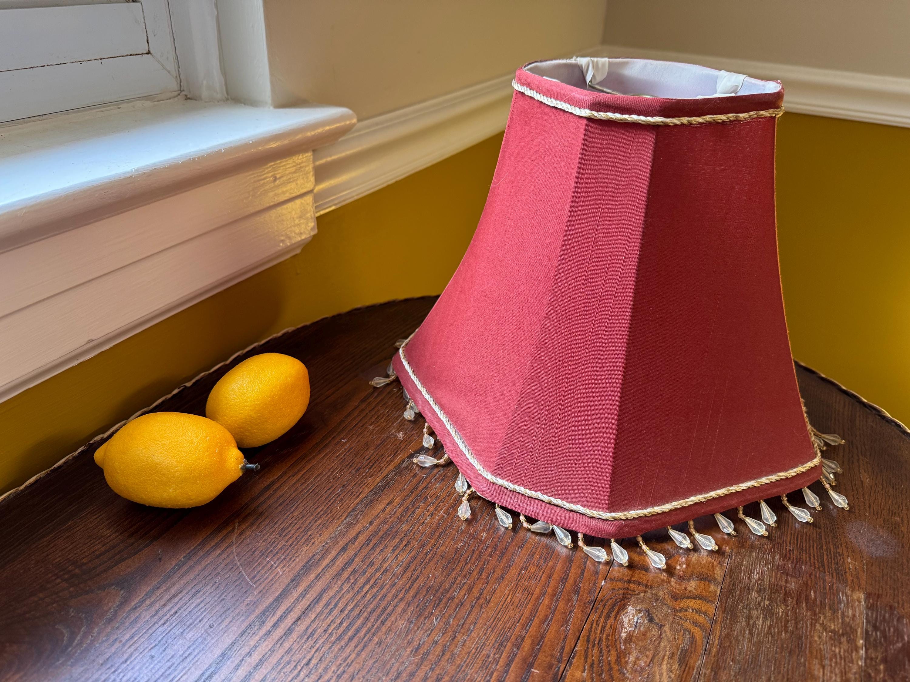 Vintage Lampshade with Bead Trim,  Dark Cinnamon Bell Shaped Shade w/ Harp Frame