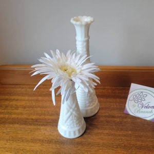 Vintage Milk Glass Bud Vases: Anchor Hocking Cut Glass Pair, Farmhouse Decor