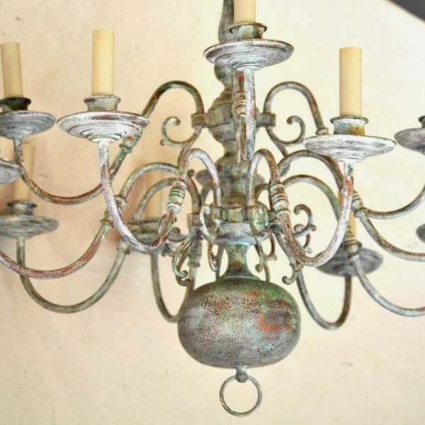 Reserved for Heather: Antiqued Painted Chandelier/ Large 12 Arm Chandelier in Faux Aged Copper