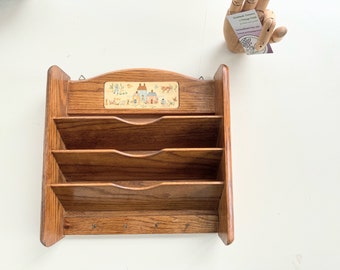 Vintage Wood Letter Bills Key Holder Organizer. Wooden Wall Slotted Pockets