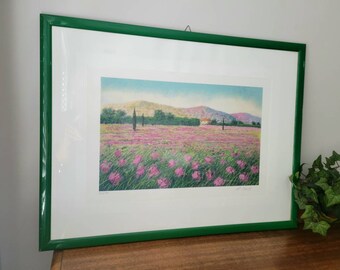 Vintage Italian Landscape Silkscreen 1971 Original Framed Art Signed Numbered Mario Soave 'Bloom in Pink' Pink & Green Bold Fields Farm