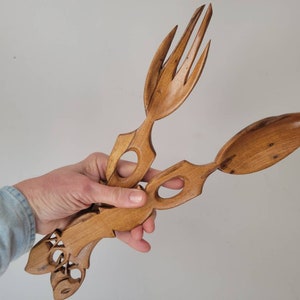 Vintage Wood Salad Serving Set. Large Elephant Fork & Spoon. Kitchen Thailand Carved Wooden Utensils