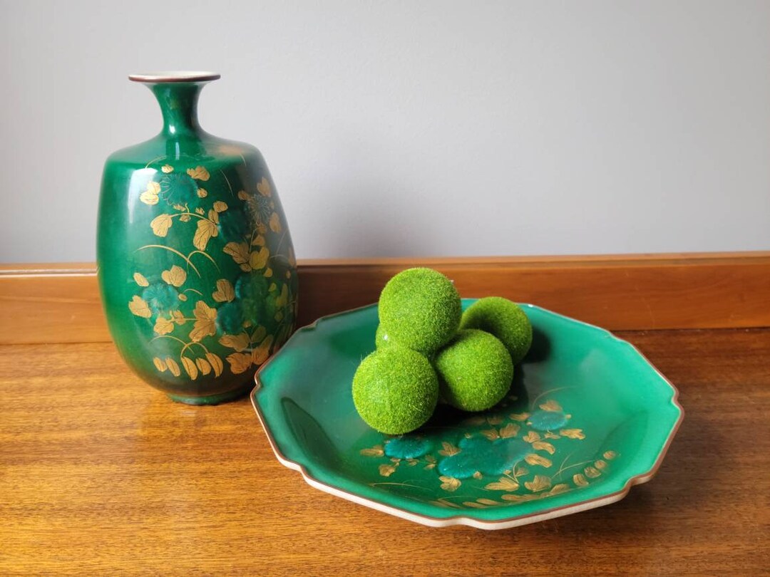 Vintage Green Japanese Vase Set of 2 Plate and Vase Etsy