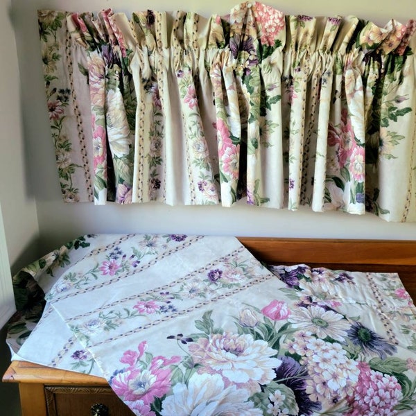 Vintage Valances & Sham Pair. 86" Wide Floral Topper Set of 2 With Matching Pillow Shams JC Penney Andrea Bedroom Window Covering Bed Set