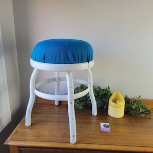 Vintage Stool w/ Blue Textured Upholstery, Farmhouse Vanity Seat Bench Upholstered Kids Chair