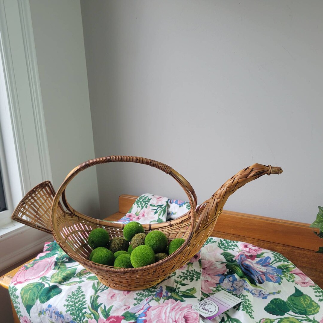 Vintage Bird Basket, Long Narrow Wicker Basket W/ Handle, Cottage Coastal Decor Mantle