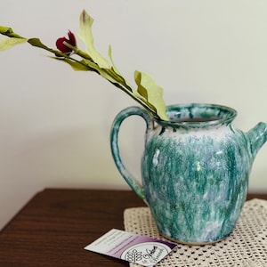 Vintage Blue & White Drip Glaze Pitcher. Handmade Rustic Ceramic Vase