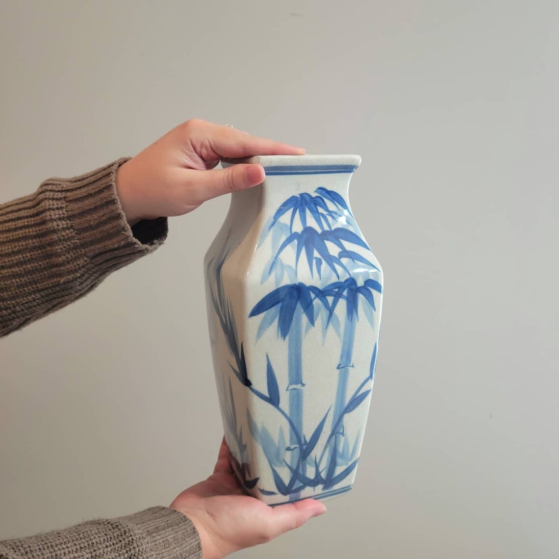 Vintage Blue & White Vase Chinese Bamboo Style Ceramic Etsy