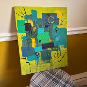 Modern Abstract Painting on Canvas. Original Art in Blues, Greens, on Chartreuse with Yellow Accents