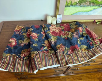 Vintage Floral Valance Topper 88" W Dark Blue, Red, Tan , Olive. Striped Trim & Lined