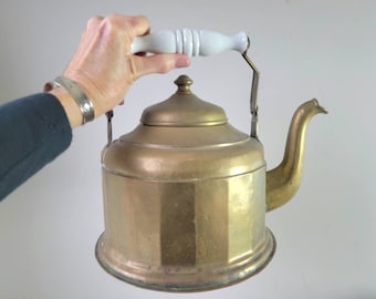 Large Vintage Brass Tea Pot w/ Porcelain Handle Antique Aged Patina Kitchen Decor Gift