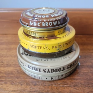Set of 3 Vintage Shoe Polish Cans Griffin Brown, Fieblings Leather Preserver, Kiwi Saddle Soap, Cute Vintage Tin Collection