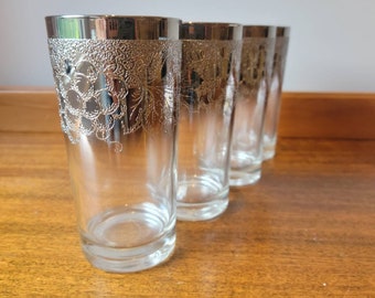 Vintage Glasses Set of 4 Silver Overlay With Grape Clusters, Highball Glasses, Retro Barware MCM Glassware Collection