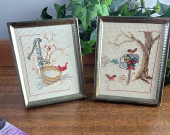 Crossstitched Mini Birds Art Pair of Vintage Needlepoint Set of 2 Cute Small Framed Tabletop Stitched Birds on Mailbox Water pump. Nursery K