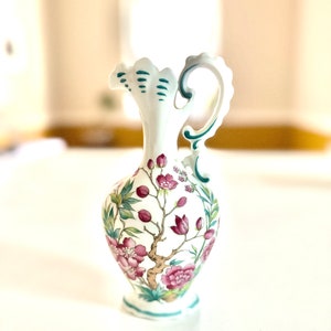 Vintage Limoges Floral Vase: French Porcelain Pitcher, Pink & Blue