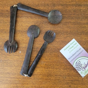 Vintage Small Black Wood Serving Utensils Sets. Two Pairs Mini Kitchen Forks & Spoons. Thailand Carved Woodworking