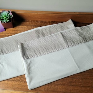 Vintage Pair of Solid Taupe King Size Pillowcases Satin Edge Shimmery Silver Border Trim Bedding Set Cotton Poly Blend