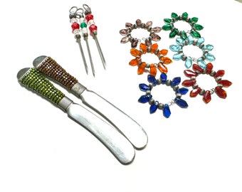 Handmade Beaded Set 2 Spreaders,  3 Picks  & 6 Wine Glass Charms. Housewarming Gift