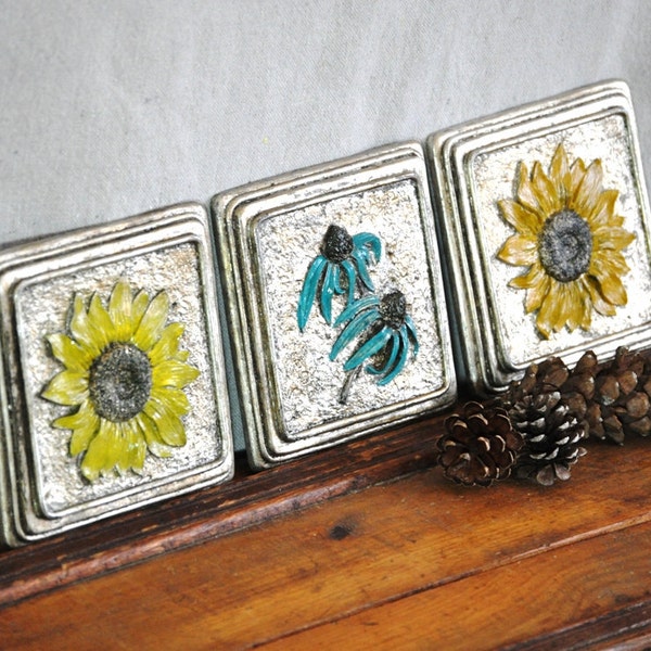 Floral Plaque Wall Hanging Set  Black Eyed Susan. Sunflowers. Echinacea 3D Silver Flowers Art Collection