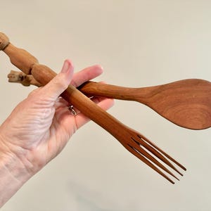 Vintage Wooden Utensils. Serving Fork & Spoon Carved Wall Hangings with Faces. Kitchen Tribal Art Dining Decor