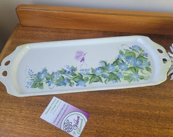 Vintage Hand Painted Floral Plate. Blue Flowers & Butterfly on Bone China. White Porcelain Decorative Plate Gift Free Shipping