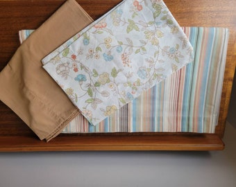 Vintage Striped Queen Flat Sheet + Solid Tan Pillowcase + Retro Floral Pillow Case Vintage Mix and Match Bedding Set Percale