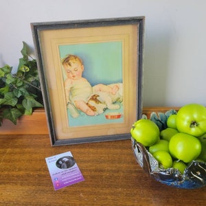 Vintage Framed Baby & Dog Print - 1940s Nursery Decor