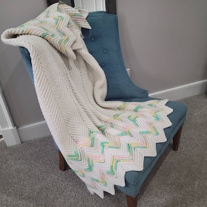 Vintage White Afghan with Green, Yellow & Pink Striped Ends. Retro Throw. Knitted Boho Blanket. Pastel Crocheted Stripes Bed Cover