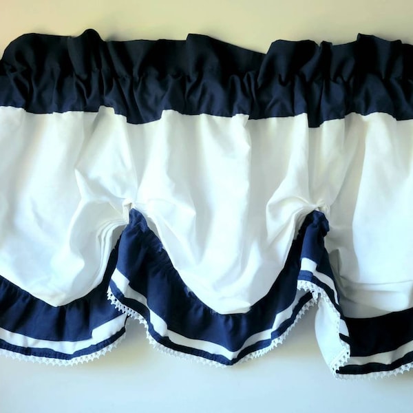 Vintage Navy Blue & White Valance Curtain. Lace Swag Ruffle Top Window Treatment, Country Farmhouse