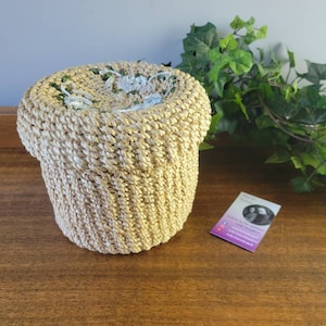 Vintage Round Wicker Box Lidded Basket w/ Yarn Details Flowers. Unique Wicker Rattan Boho Decor Storage