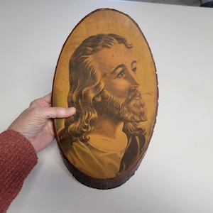 Vintage Decoupage Jesus Portrait on Wood Slice. Rustic Christian Wall Art