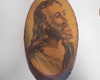Vintage Decoupage Jesus Portrait on Wood Slice. Rustic Christian Wall Art
