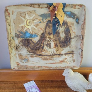 Vintage Southwestern Ceramic Tray. Decorative Display Plate Terracotta Stoneware. Signed Kokopelli Ceramic Art. Mountain Scenery Landscape.