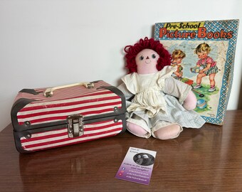 Antique Child’s Toy Suitcase. Red Striped 1940’s Doll Trunk