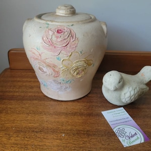 Antique Clay Roses Lidded Jar Pot Urn. Rustic Pottery Gorgeous Stoneware Vase Container Cannister.  Farmhouse Primitive Country Decor